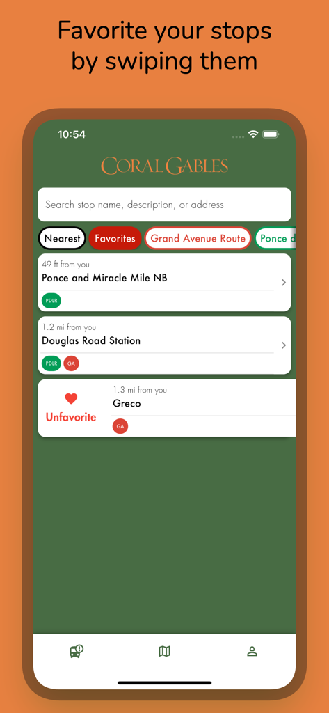 Interface do aplicativo Coral Gables Trolley Tracker exibindo a lista de paradas de trolley e a ação de deslizar para favorite