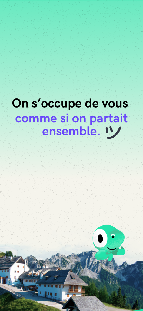 Tictactrip mascot in front of a scenic European mountain village landscape