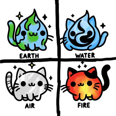 4 cats that represent the different elements, earth, water, air, and fire