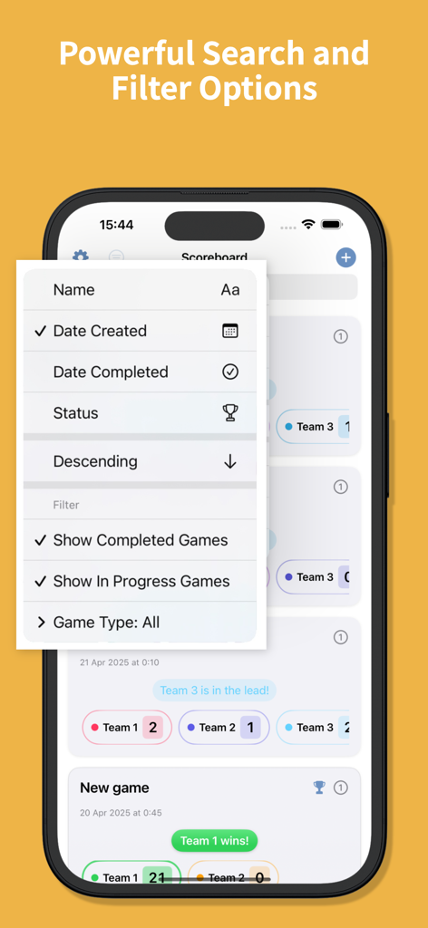 ScoreBoard - Score keeper + - Search and filter options for game history in the ScoreBoard app