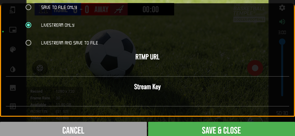 BT Soccer/Football Camera - Menú de configuración de transmisión en vivo y grabación en la aplicación BT Cámara de Fútbol mostrando la URL RTMP y las opciones de clave de transmisión.