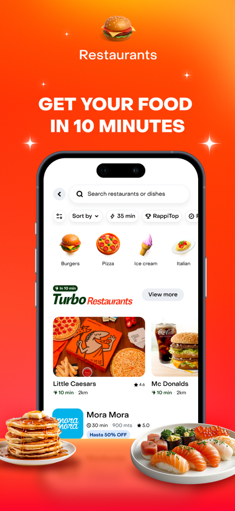 Rappi - Deliveries in Minutes - Rappi app restaurant interface showing turbo ten minute food delivery options