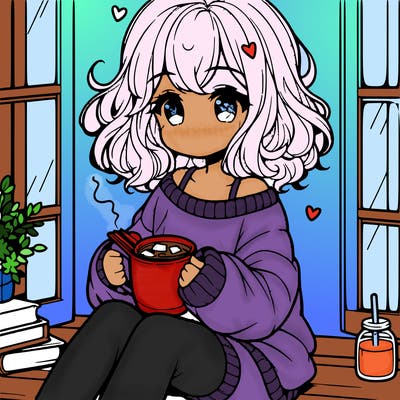 cute anime girl reading book and drinking hot chocolate from mug with loose wavy hair wearing a baggy sweatshirt and shorts sitting by windowsill looking out