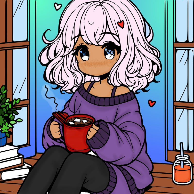 cute anime girl reading book and drinking hot chocolate from mug with loose wavy hair wearing a baggy sweatshirt and shorts sitting by windowsill looking out