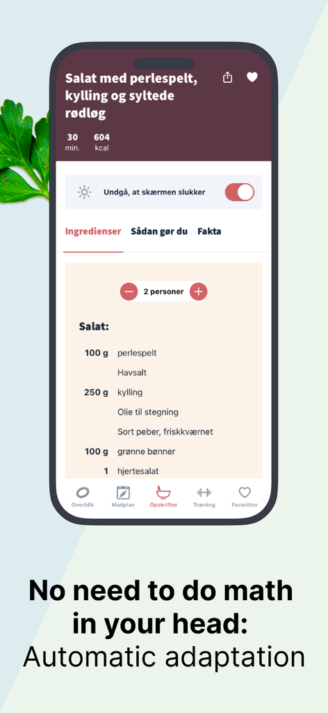 Interface do aplicativo IFORM mostrando uma receita de salada saudável com dimensionamento automático de ingredientes com base no número de porções