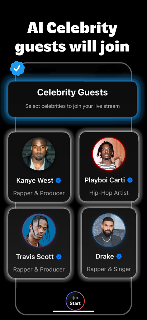Go Live Simulator - A selection screen in the Go Live Simulator app featuring AI celebrity guests like Kanye West and Drake for simulated live streams.