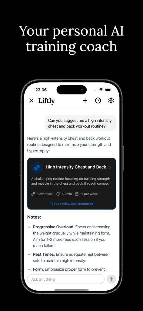 Liftly app interface showing an AI training coach suggesting a high intensity chest and back workout routine