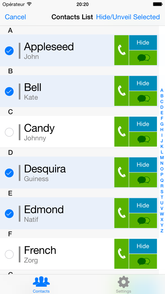 Hide my phone number - Interface showing a list of contacts with checkboxes to selectively hide your phone number during calls