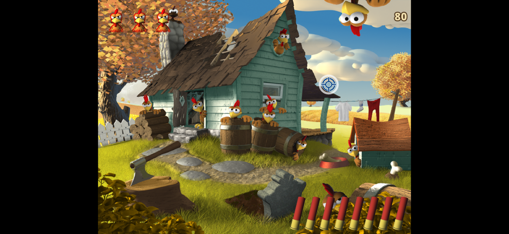 Gameplay screenshot of Moorhuhn X Crazy Chicken X showing cartoon chickens hiding around a farm house with a shooting crosshair