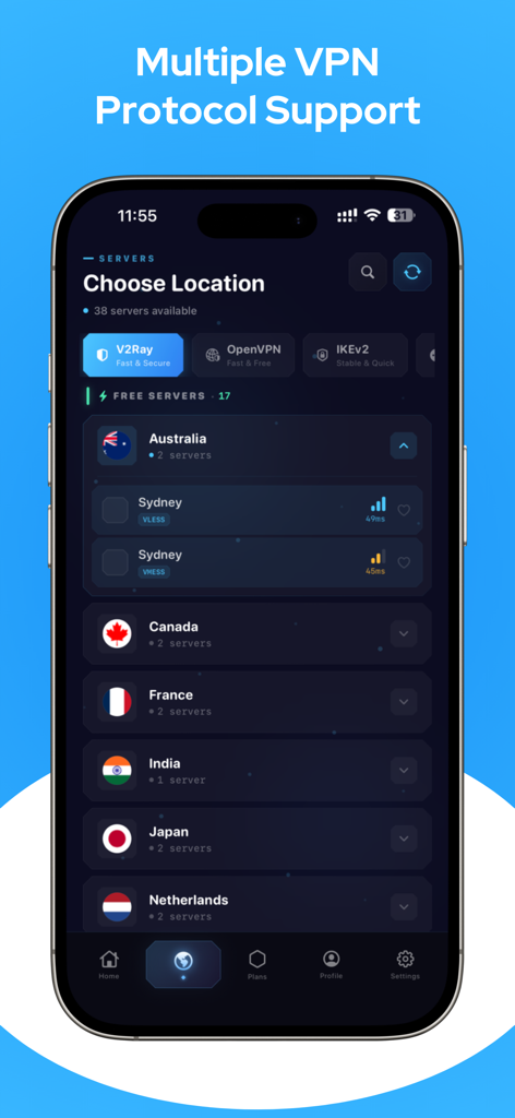 Gamer VPN: Proxy, Game Booster - Gamer VPN app interface showing protocol selection for V2Ray, OpenVPN, and IKEv2 along with a list of global server locations like Australia and Canada.