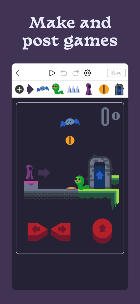 Castle - Make and Play - Castleアプリのインターフェース。カラフルなキャラクターとプラットフォーム構築ツールを備えたモバイルゲームエディタが表示されています。