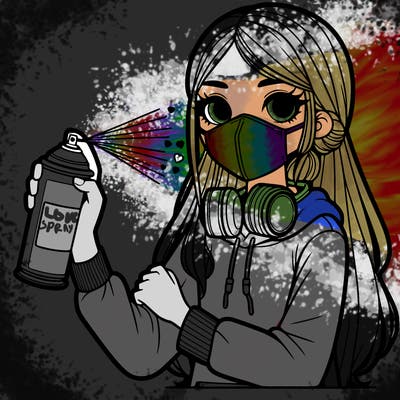 a girl wearing a mask, holding a can of spray paint with spray paint on her clothes and long hair