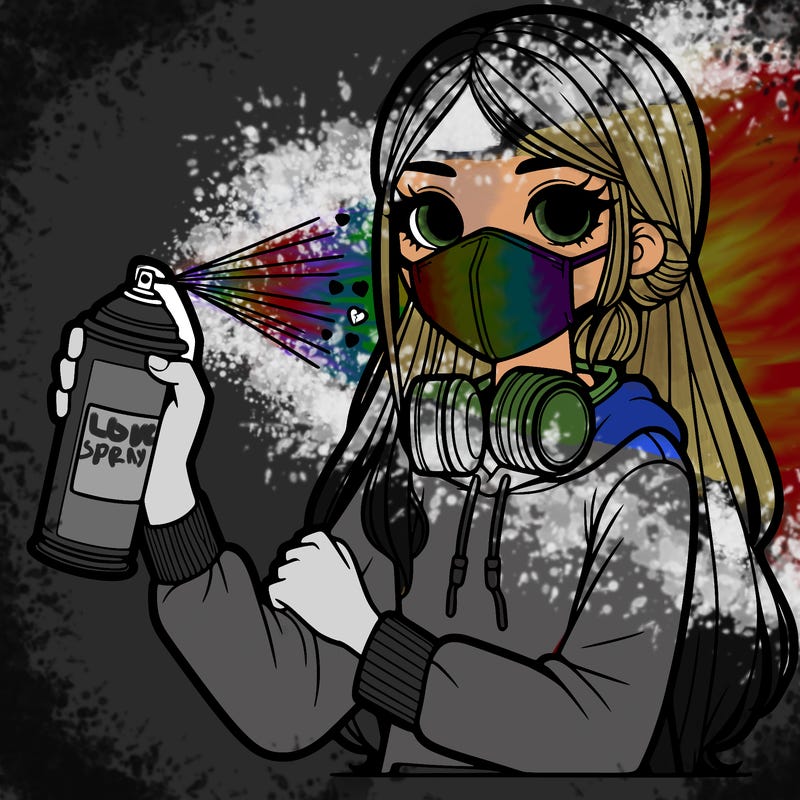 a girl wearing a mask, holding a can of spray paint with spray paint on her clothes and long hair
