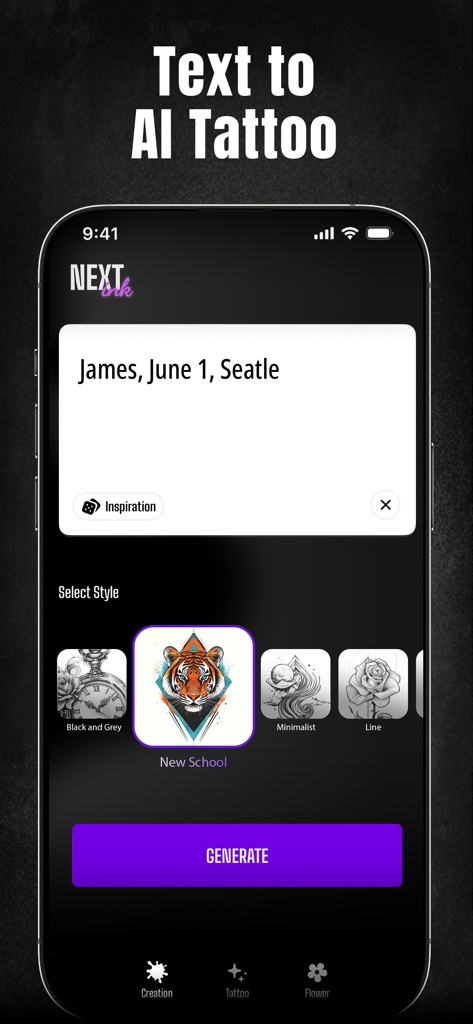 Next Ink: AI Tattoo Design - Next Ink app screen showing text to AI tattoo generation and style selection