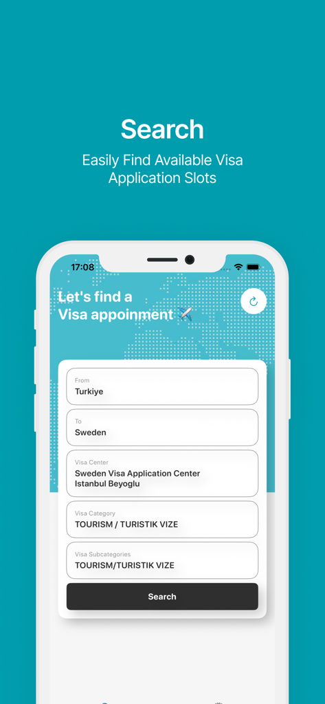 VisaTrack: Find Dates Fast - Smartphone screen showing a search form in the VisaTrack app to find available visa application slots for Sweden from Turkey.