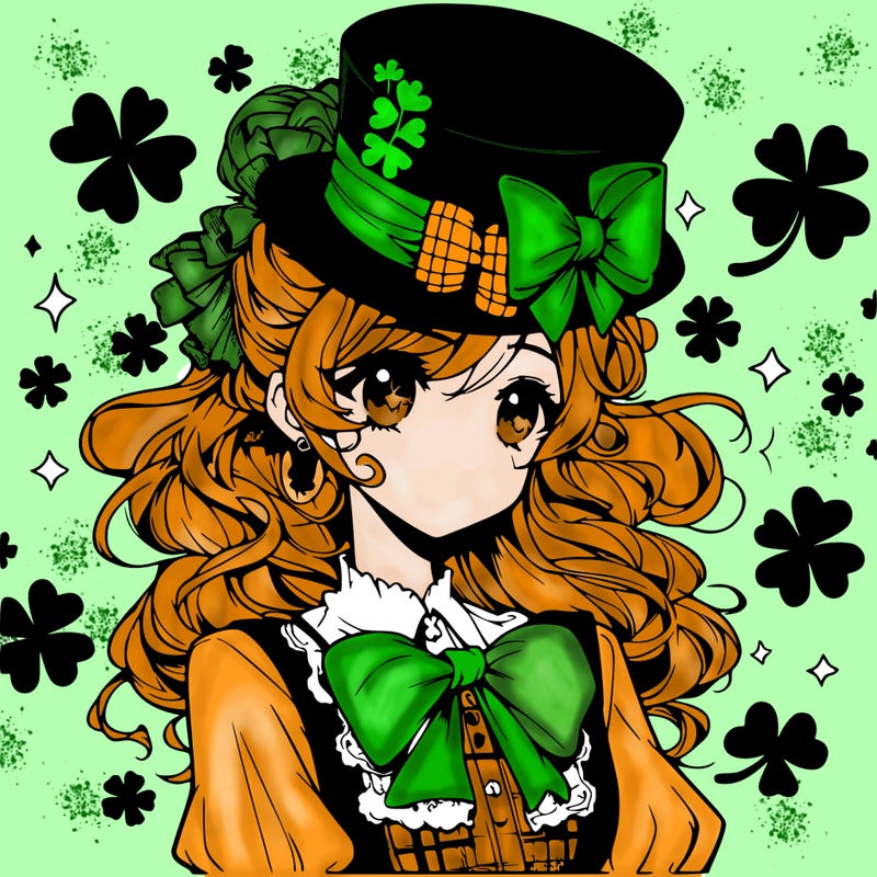 a manga-style girl with clovers around her, a little hat in her hair, like it's saint patrick's day