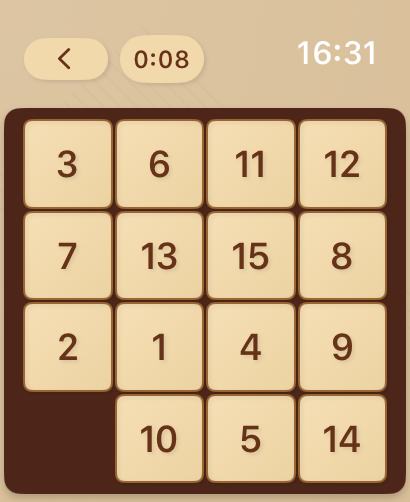 Number Puzzle for Watch - A 4x4 sliding number puzzle game interface on a watch screen with a timer