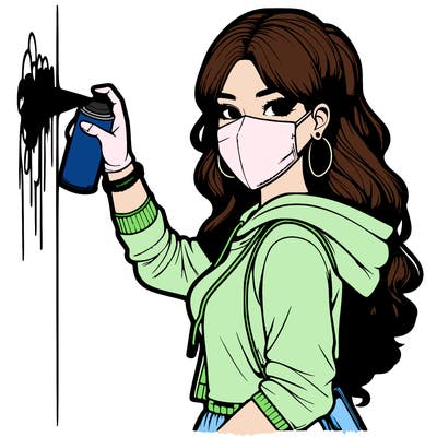 realistic girl with mask spray painting a wall