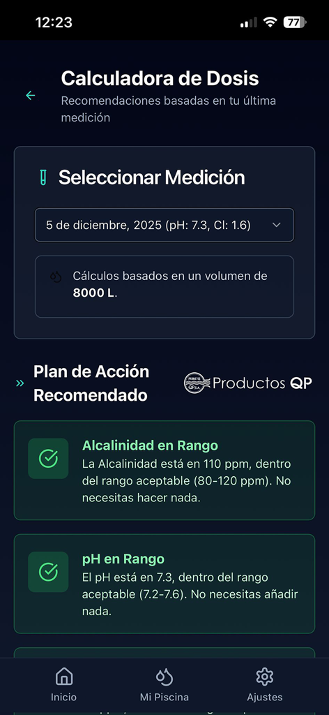 WET app Piscinas - WET app interface showing pool chemical dosing recommendations and pH levels