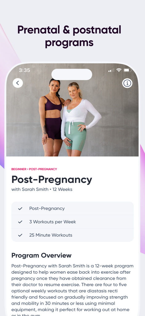 The Sweat app interface displaying a 12-week post-pregnancy workout program for women
