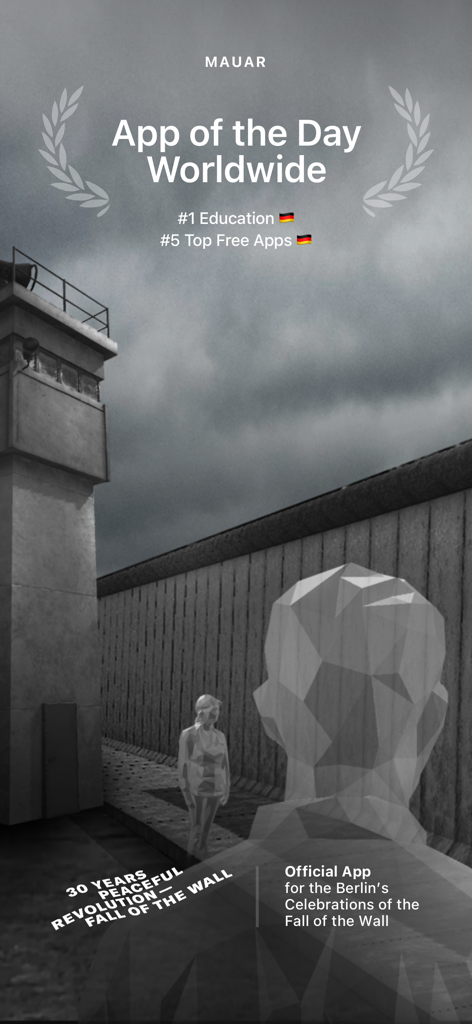 MauAR - Berlin Wall - MauAR app interface displaying App of the Day Worldwide award and an augmented reality scene of the Berlin Wall with a watchtower