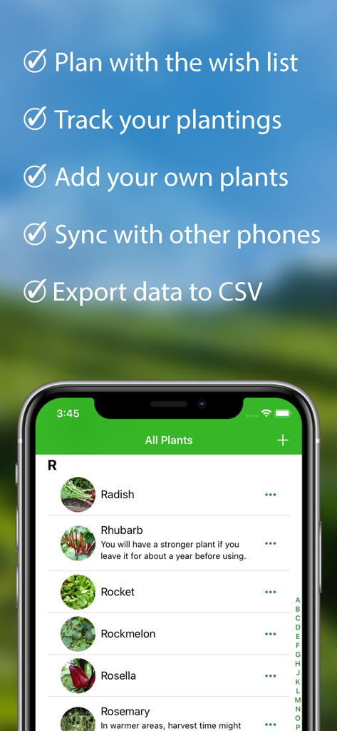 Gardenate app interface showing a list of vegetables like radish and rhubarb with key features for tracking and syncing garden data.