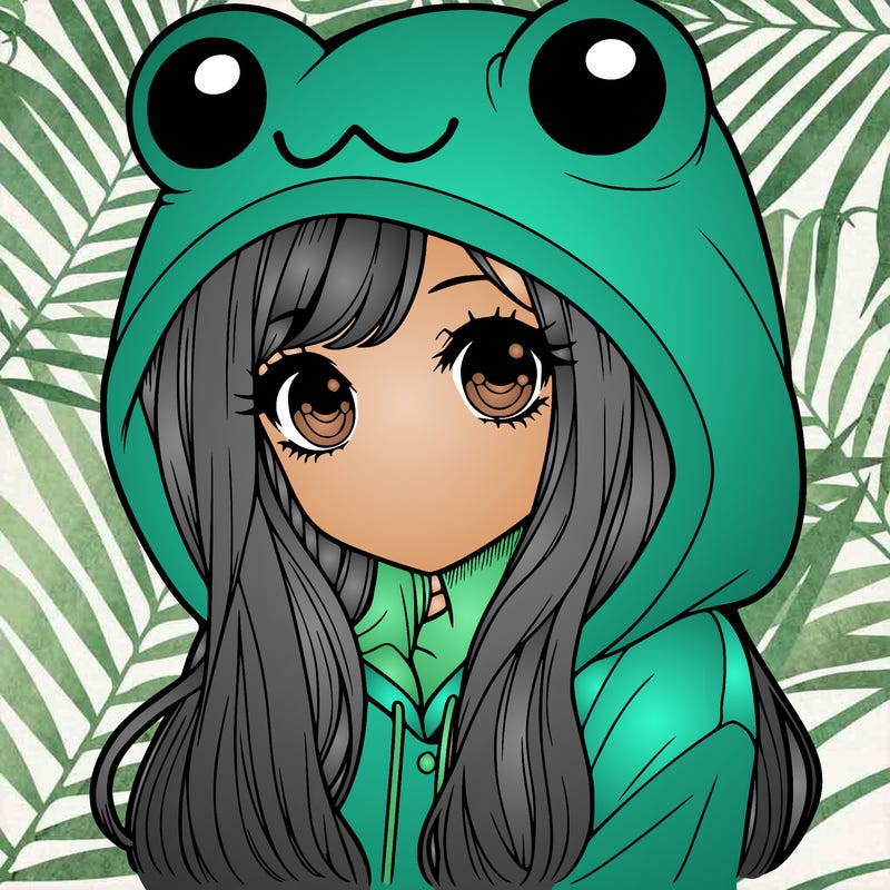 a pretty girl wearing a frog hoodie portrait with long hair