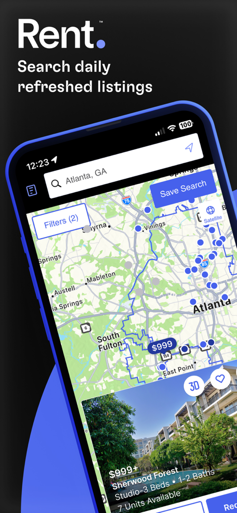 Rent. Apartments and Homes - Rent app showing a map of available apartments in Atlanta