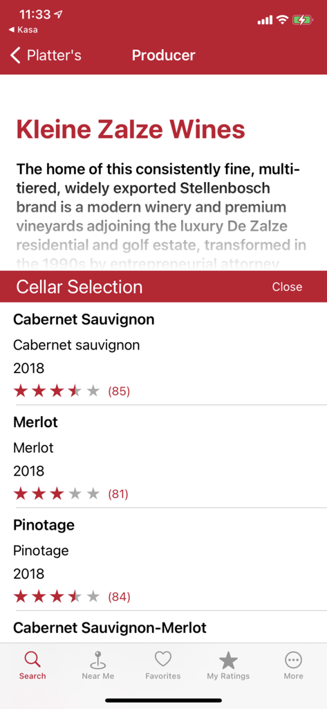 Detailed producer profile for Kleine Zalze Wines in the Platters Wine Guide app featuring cellar selection ratings