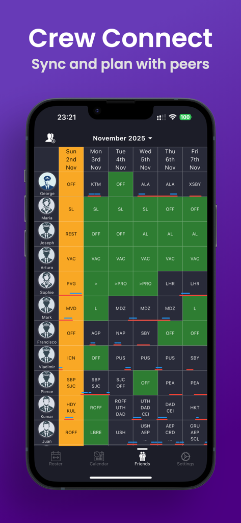SkyCrew - Airlines Roster - Écran de l'application SkyCrew montrant la fonction Crew Connect pour la synchronisation et la planification des rosters de vol avec les collègues