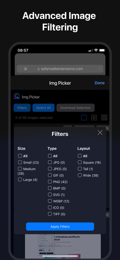 Img Picker Safari 확장 프로그램의 크기, 유형 및 레이아웃에 대한 고급 이미지 필터링 옵션.