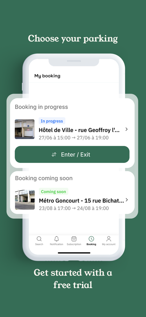 Pantalla de la aplicación Zenpark que muestra las reservas de estacionamiento actuales y próximas con un botón de Entrada y Salida.