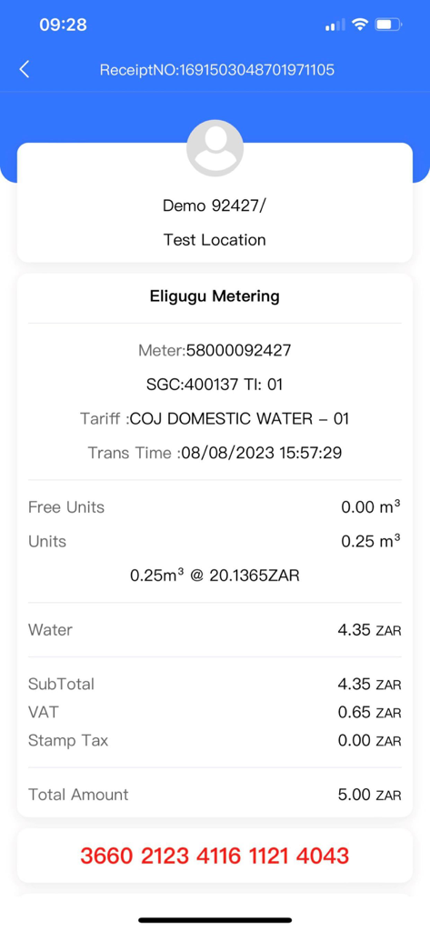 MeterMate Smart - Digital receipt for water payment on MeterMate Smart app displaying consumption units and total cost