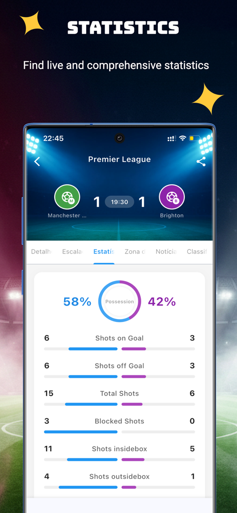 FutBR - futebol Ao Vivo - Screenshot dell'app FutBR che mostra statistiche dettagliate in diretta di una partita di calcio della Premier League, inclusi possesso palla e precisione dei tiri