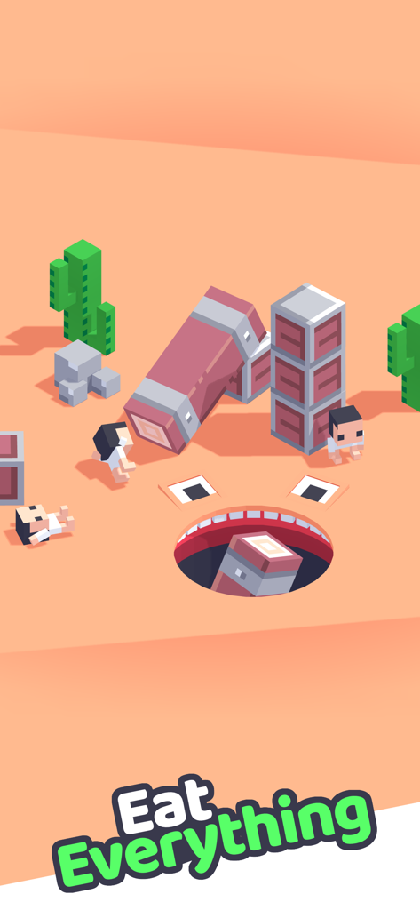 Gameplay de un minijuego estilo voxel en Fancade con el texto Eat Everything