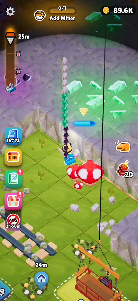 Mine Rush : Digging Adventure - Gameplay screenshot of Mine Rush Digging Adventure showing a character mining green crystals in an underground mine with various management UI elements