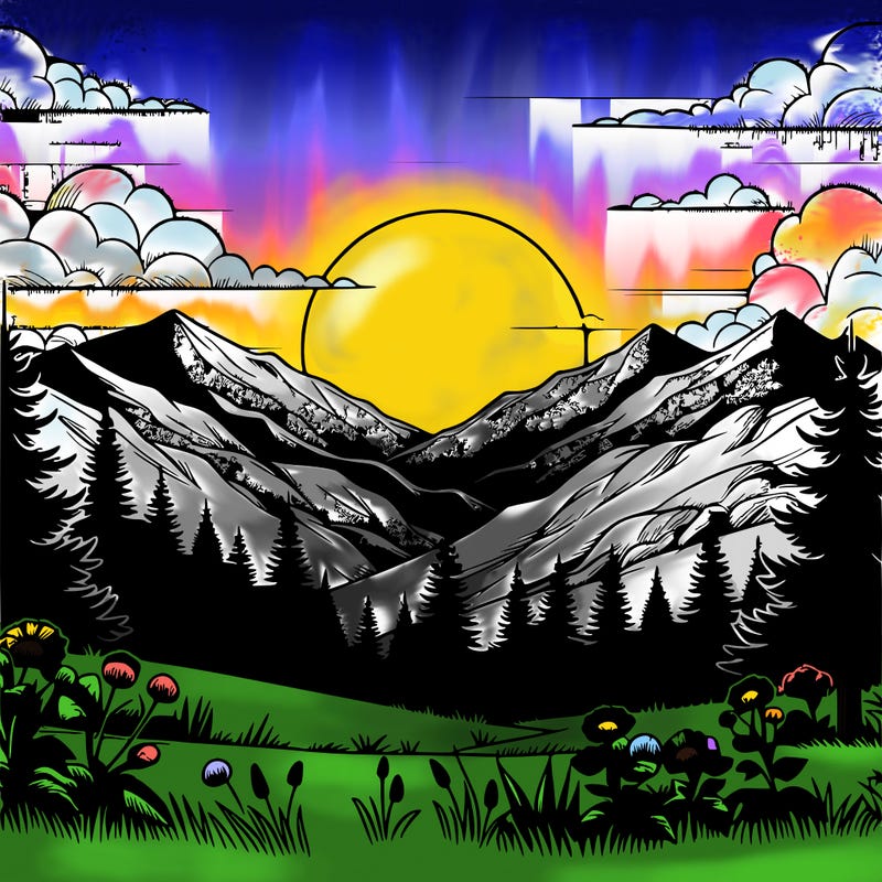 realistic sunset in the mountains