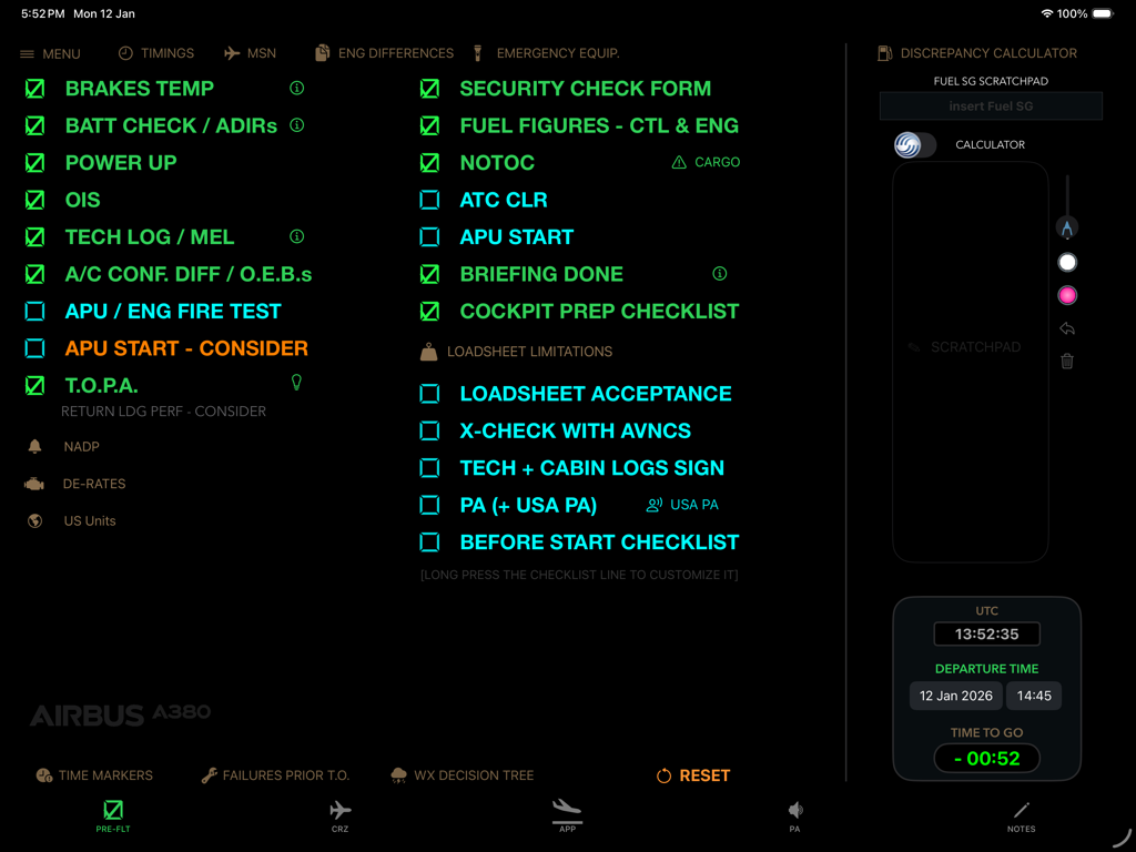Interface de l'application A380 Clipboard présentant une liste de contrôle numérique pré-vol et un tableau de bord utilitaire du cockpit avec un design de style ECAM.