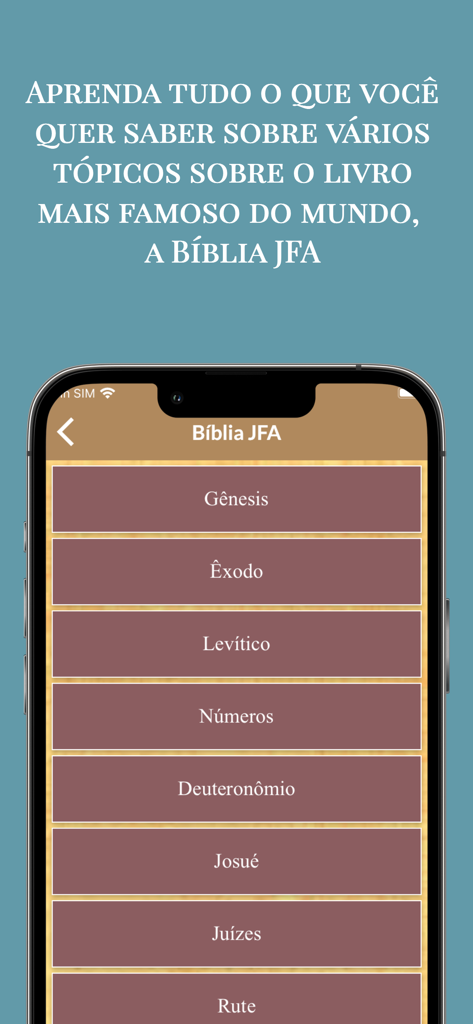 Pantalla de app móvil mostrando una lista de libros de la Biblia en portugués
