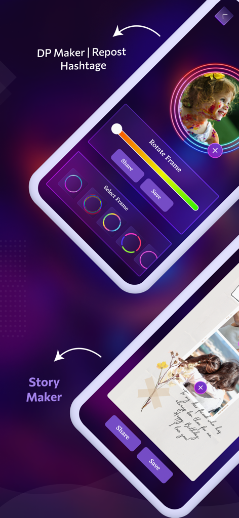 Story Savers : InStory - InStory app interface displaying profile picture borders and story creation tools