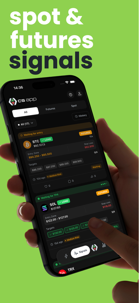 Mobile App-Oberfläche, die Echtzeit-Kryptowährungssignale für Bitcoin und Solana mit Einstiegspunkten und Gewinnzielen anzeigt