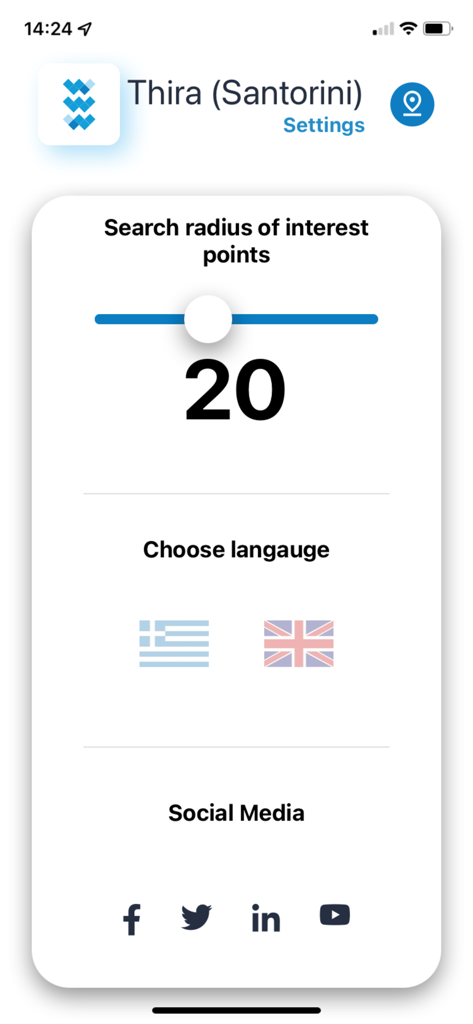 SafeWaterSports - Settings interface for the SafeWaterSports app with search radius and language toggles