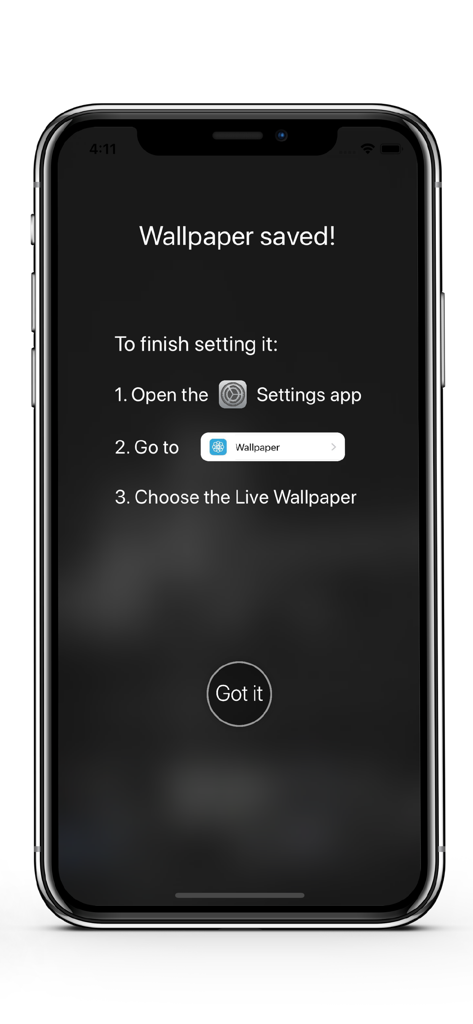 4K HD Live Wallpapers - Instruções passo a passo em um iPhone para aplicar um papel de parede animado salvo nas configurações.