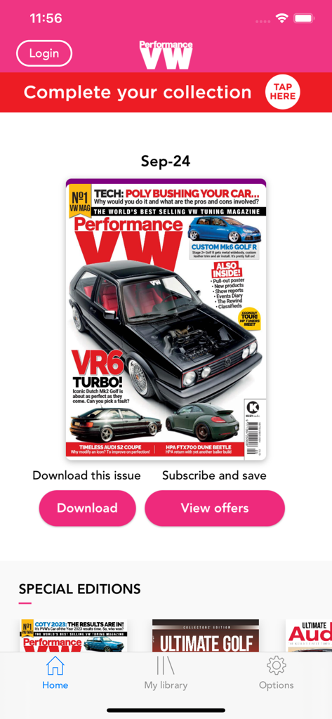 Performance VW mobile app displaying a magazine issue cover with a modified Golf Mk2 VR6 Turbo