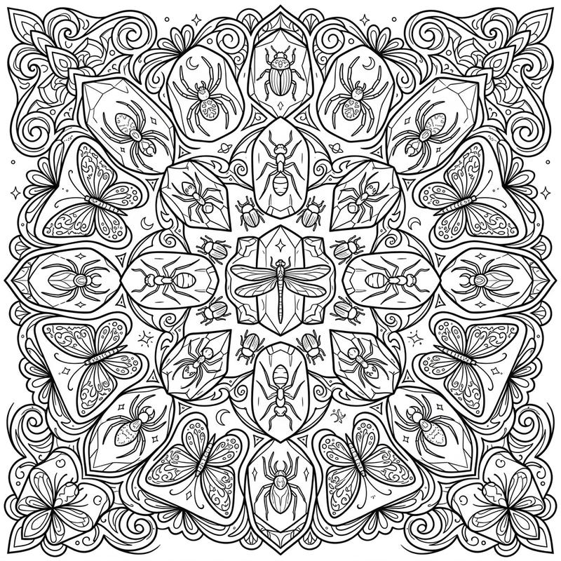 Uncover the ancient beauty of insects trapped in time with this captivating amber mandala coloring page. Each intricate detail invites you to explore a symmetrical world of beetles, spiders, and more, waiting for your creative touch.