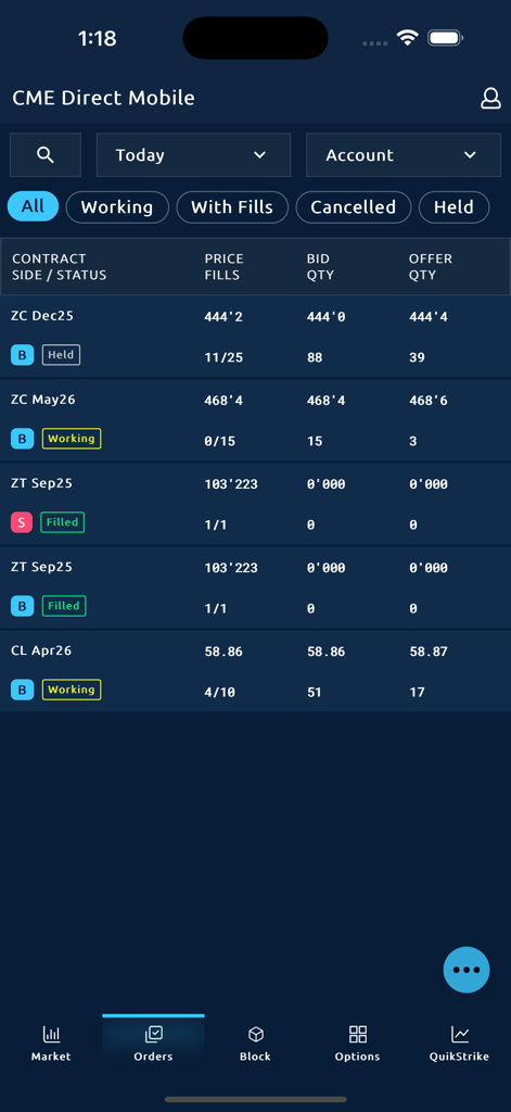 CME Direct Mobile interface displaying a list of futures orders with real-time status and pricing data