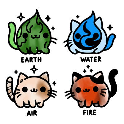 4 cats that represent the different elements, earth, water, air, and fire