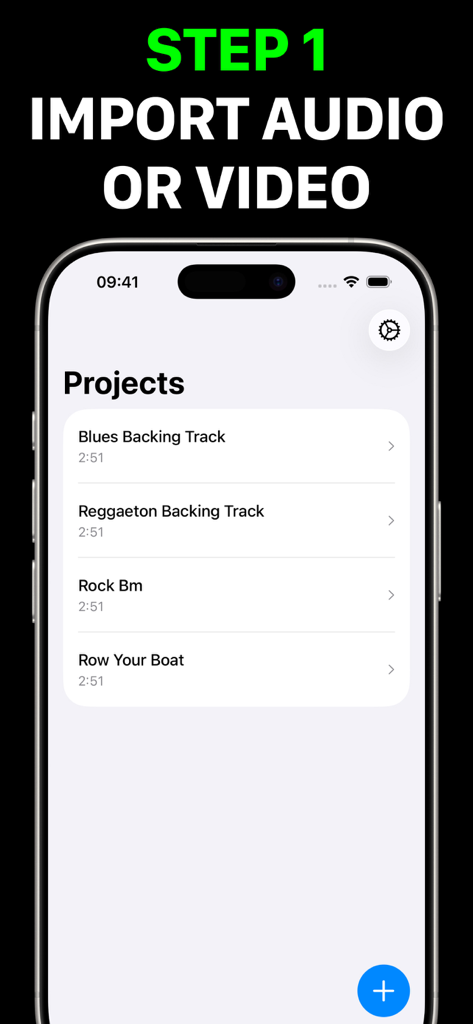 Pitch Changer app interface showing the first step to import audio or video files into projects.
