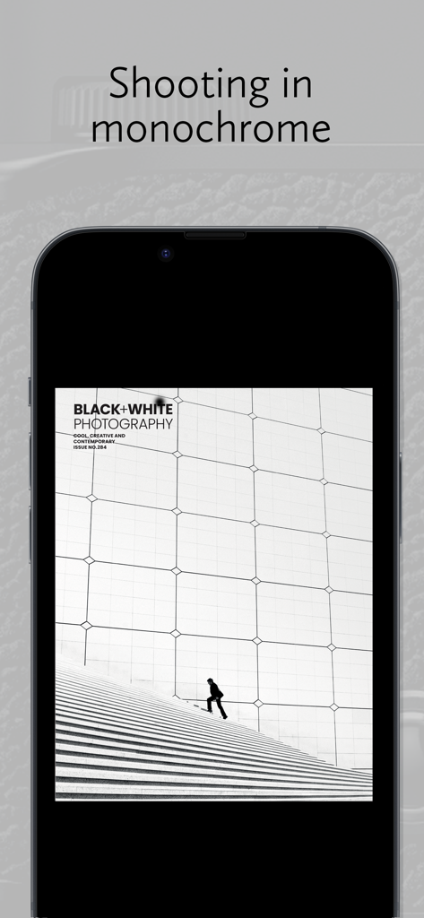 B&W Photography Magazine - 階段を上る人物のミニマルなモノクロ写真が写った、Black and White Photographyマガジンの表紙を表示するスマートフォン画面