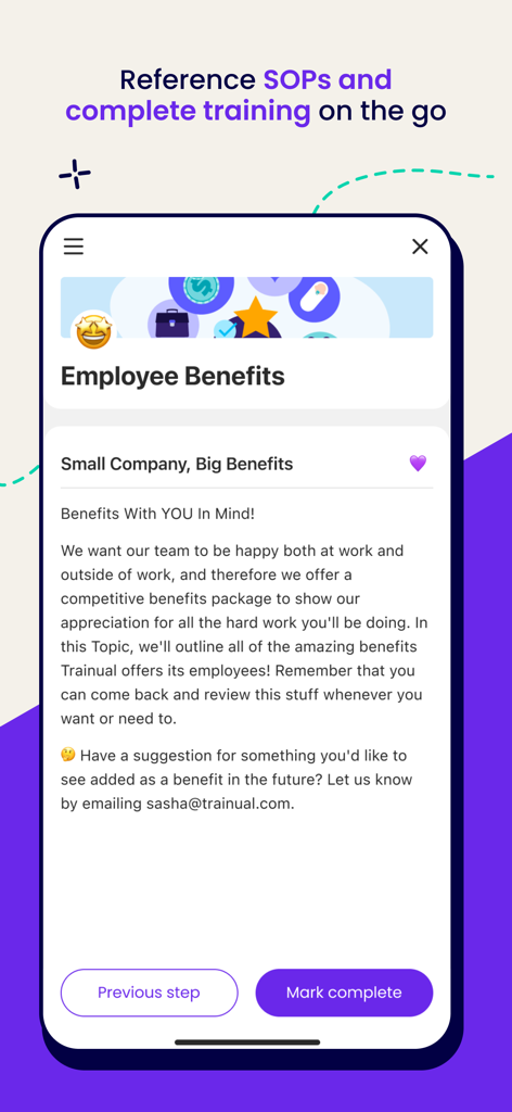 Trainual - Trainual mobile app screen showing an employee benefits training module with a button to mark as complete.